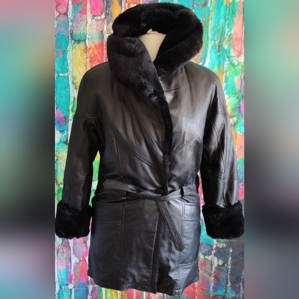 Wilsons Leather Vintage Fur Lined One Button Belt Tie Winter Coat